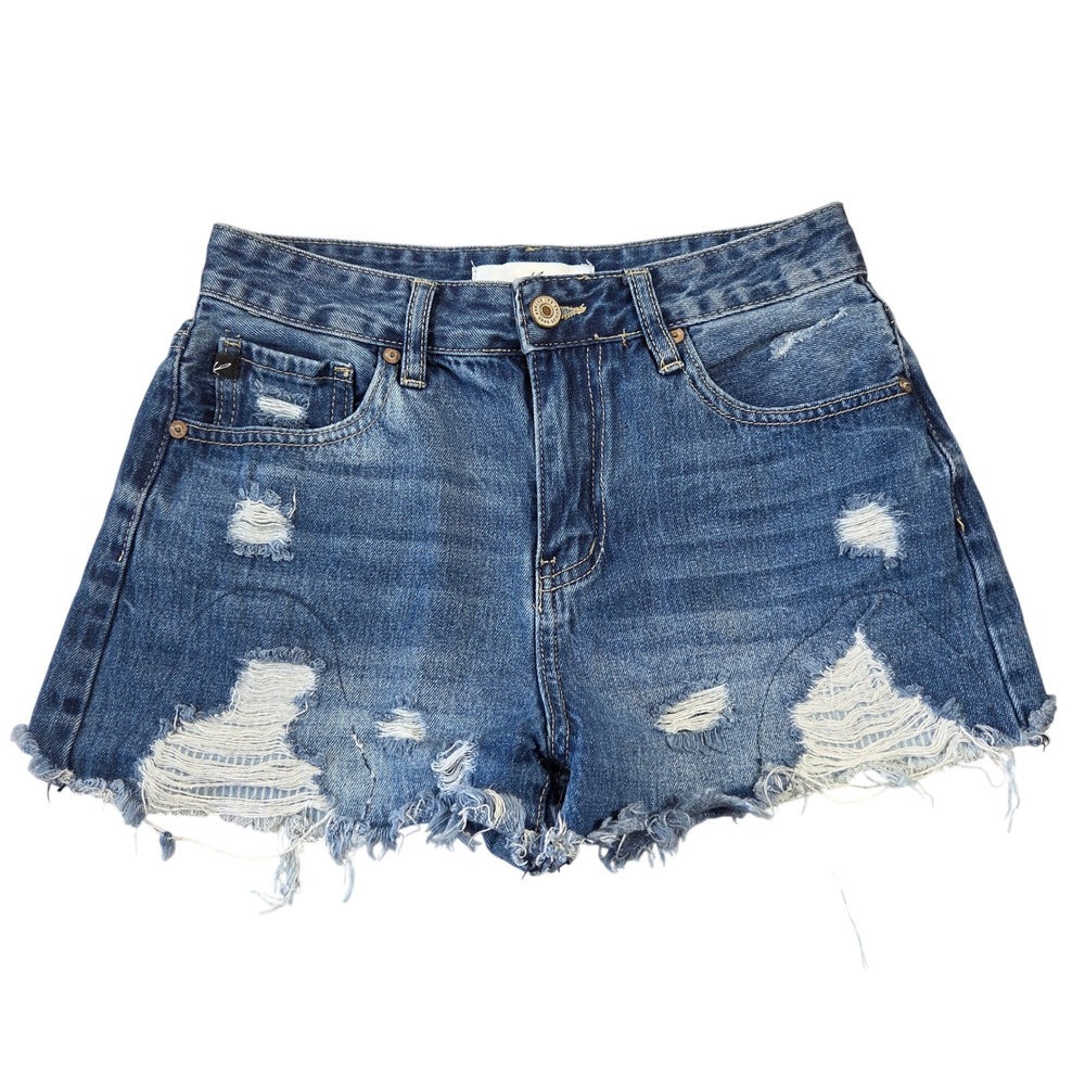 KanCan Womens High Rise Distressed Denim Shorts Medium Wash Blue KC5107ND 24